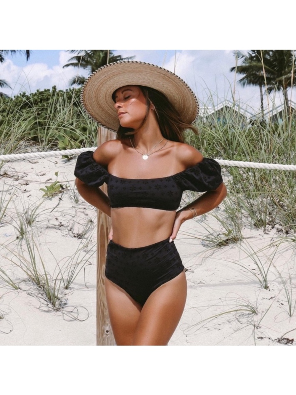 L*Space Black‎ Eyelet Lace Janie Puff Sleeve Bikini Top Portia Bottom Set Small